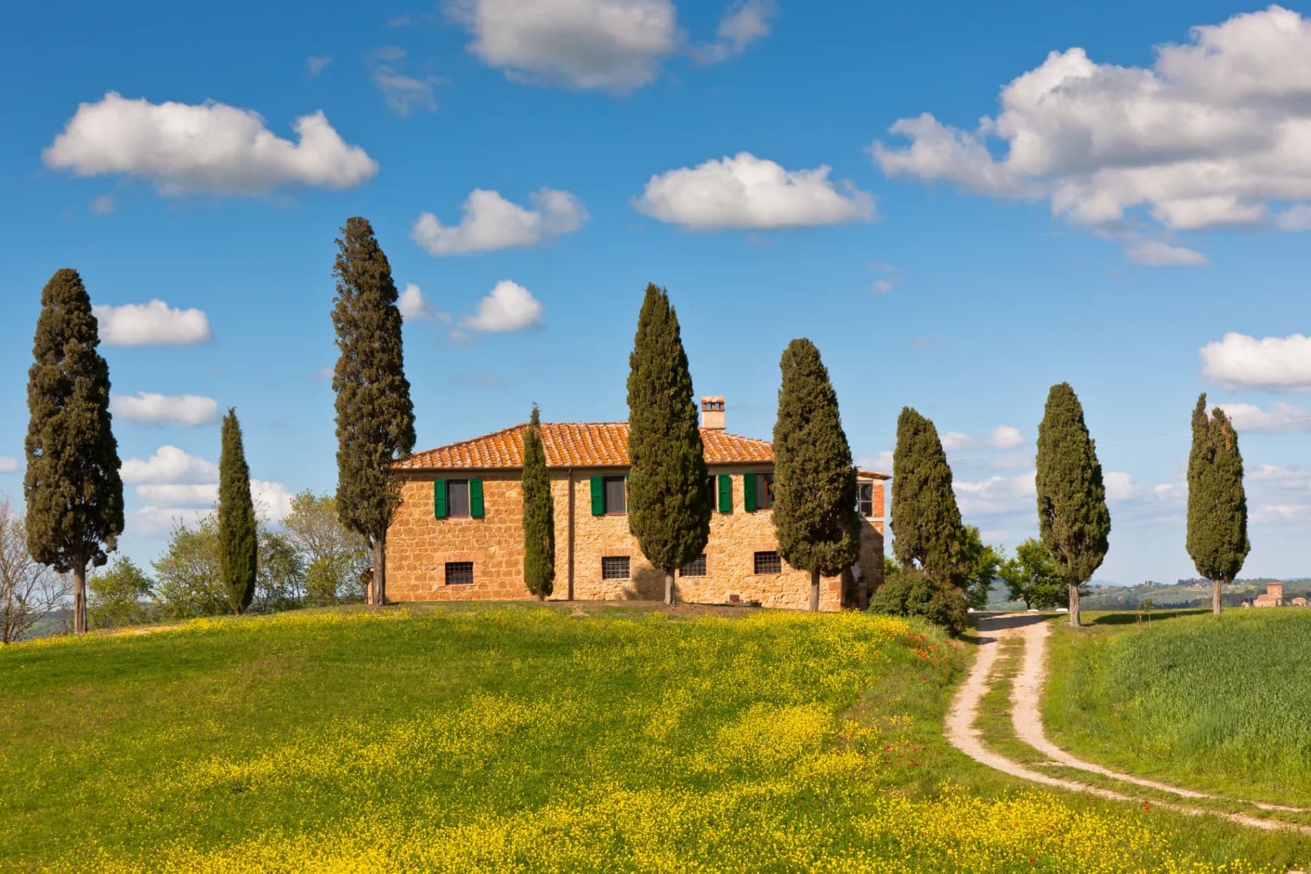 Tuscan countryside with a farmhouse, cypress trees, and rolling vineyard hills